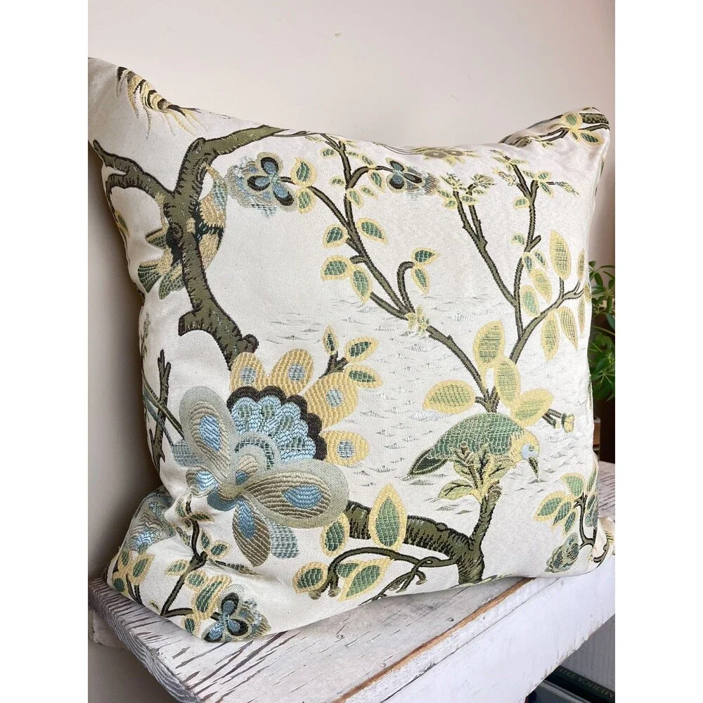 Vintage Hollywood Regency Peacock Flowers And Birds Pillow 22”x22” Estate Decor